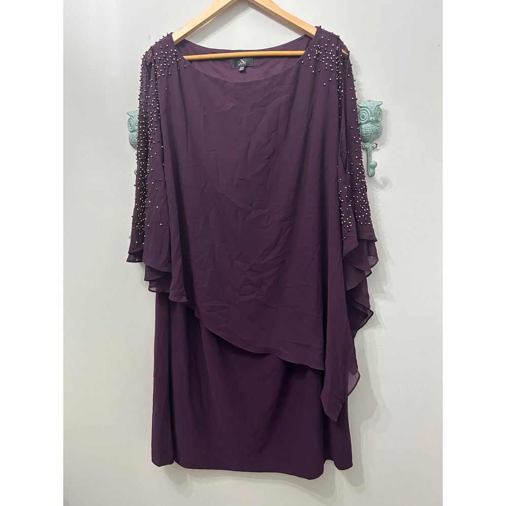 X by Xscape Purple Pearl Beaded Sleeve Tiered Chiffon Dress Plus 20W - Picture 3 of 4